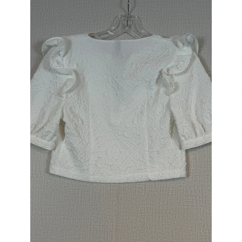 Zara Womens White Textured Ruffle Puff Sleeve Rhinestone Zip Blouse •S• Coquette